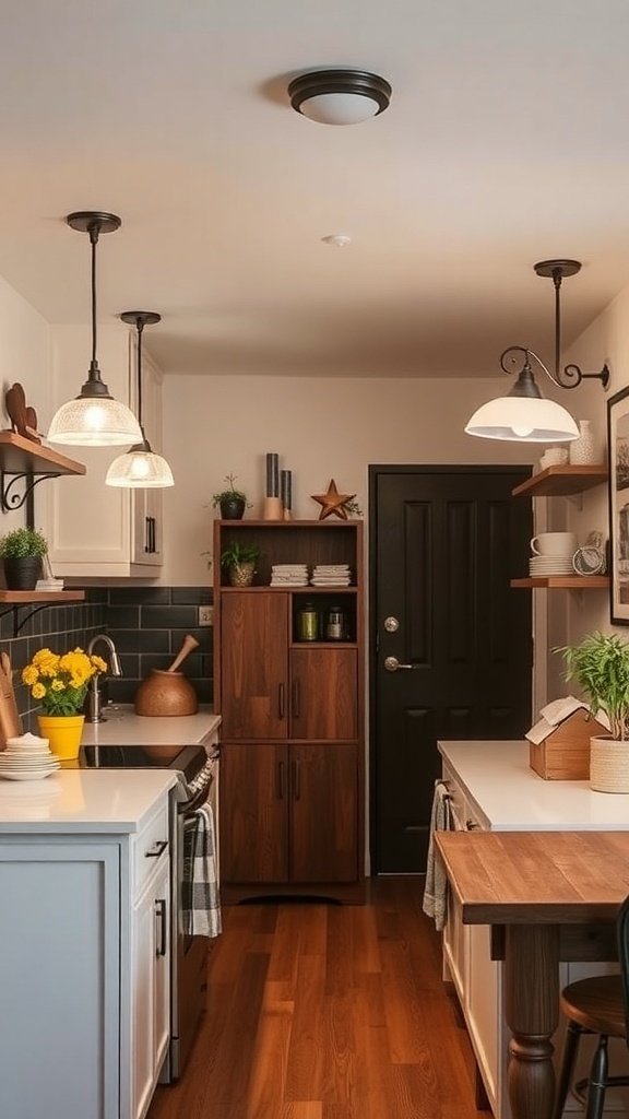 A cozy small kitchen featuring pendant lights, wooden cabinets, and plants.