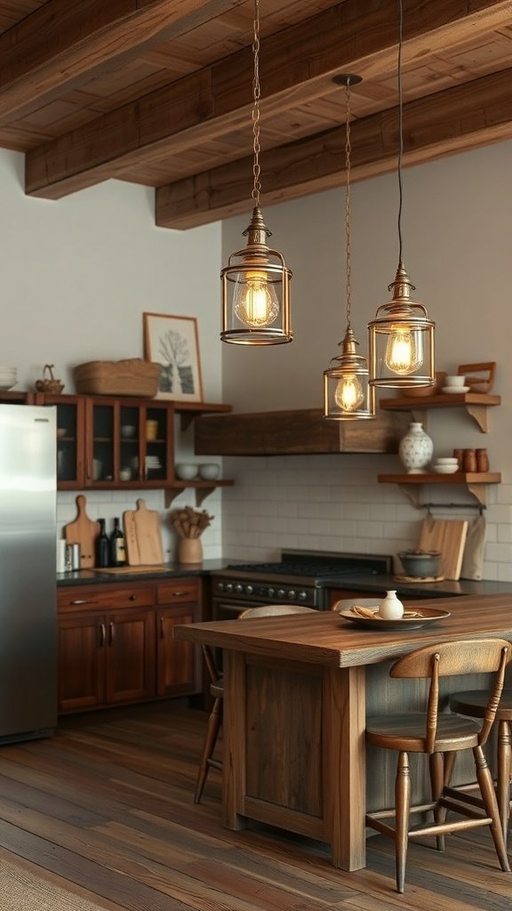 Rustic pendant lights in a farmhouse kitchen