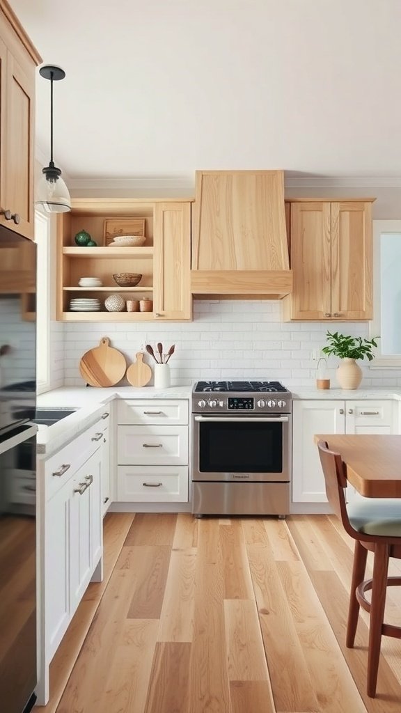 A modern kitchen featuring white oak cabinets, white countertops, and an open shelving design.