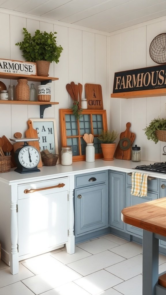 A vintage farmhouse kitchen with light blue cabinets, wooden shelves, and rustic decor.