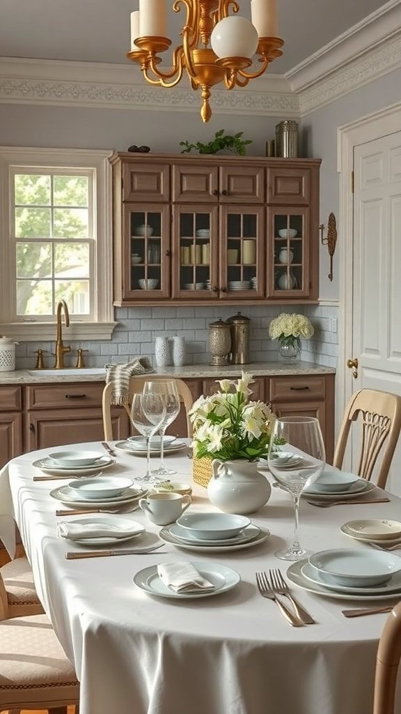 A beautifully set dining table with fine china, glassware, and a floral centerpiece.