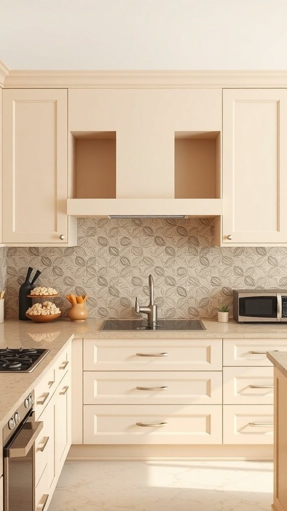 A beige kitchen featuring artistic backsplashes and modern appliances.