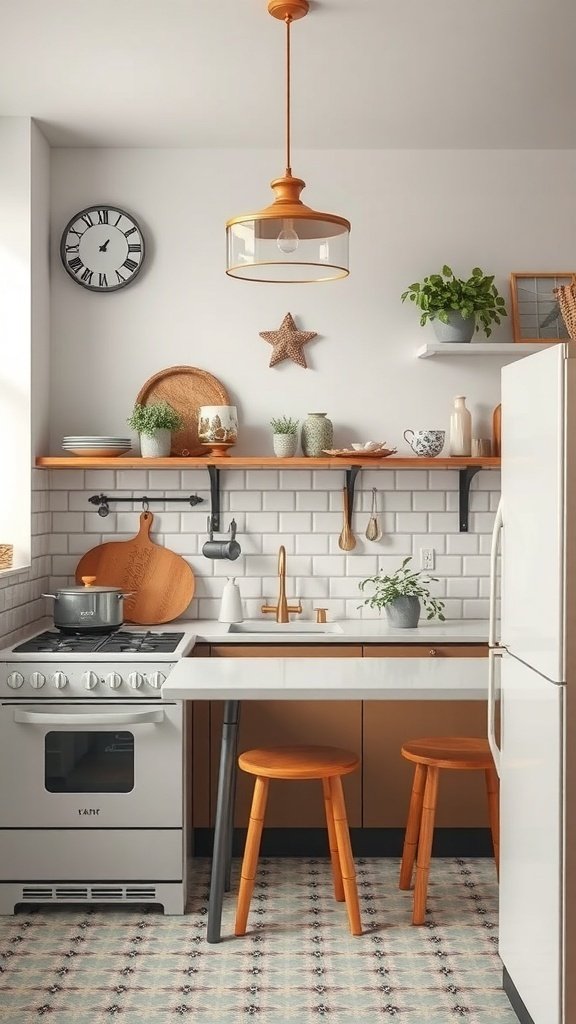 A modern kitchen with vintage elements, featuring wooden shelves, a sleek stove, and warm lighting.
