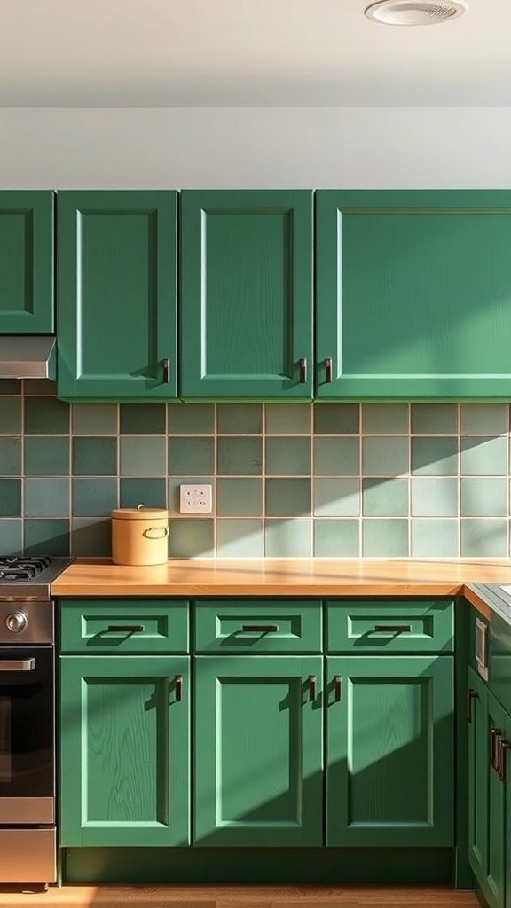 A kitchen featuring green cabinets with a wooden countertop and a light blue tiled backsplash.