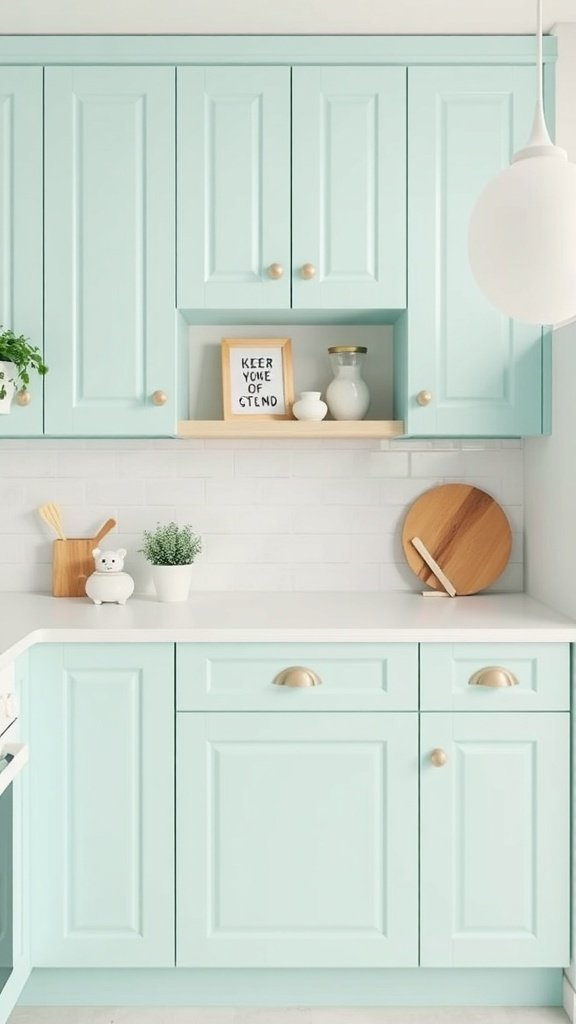 A kitchen with mint green cabinets, white countertops, and wooden accents.