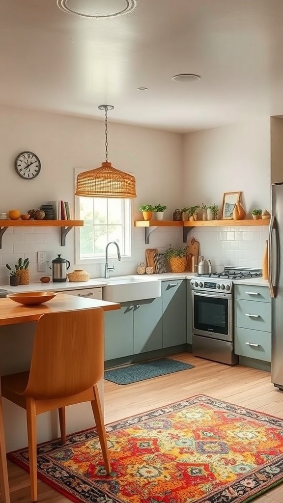 A mid-century modern kitchen featuring a colorful rug with intricate patterns, blue cabinetry, and wooden accents.