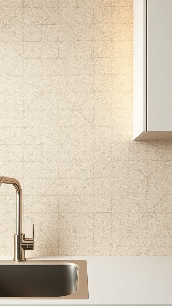 A beige textured backsplash in a kitchen with a modern faucet and sink.