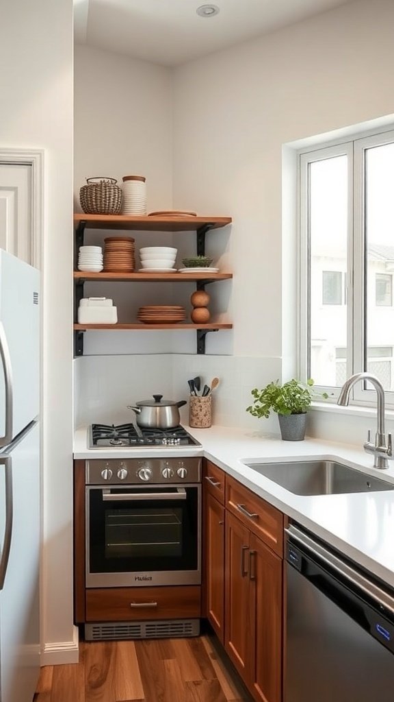 Small kitchen corner with open shelving and a plant.