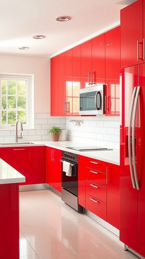 A modern kitchen featuring bright red cabinets, white countertops, and a sleek design.