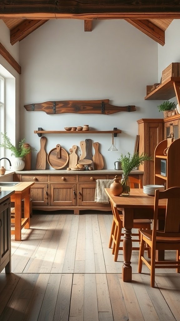A cozy farmhouse kitchen featuring handcrafted wooden furniture, including cabinets, a dining table, and decorative wooden items.