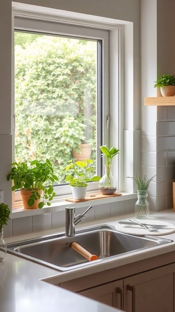 A kitchen sink with various herbs in pots on the windowsill, showcasing a small herb garden.