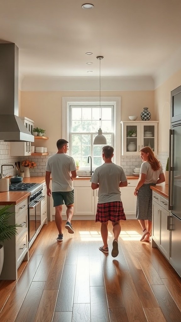 Three people in a bright kitchen with a large window and spacious layout.