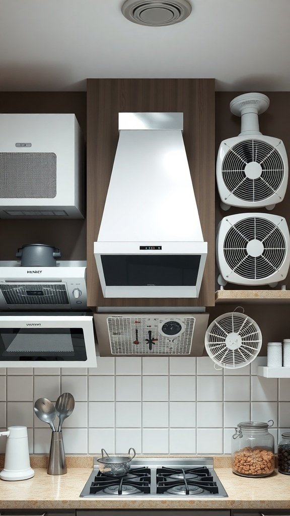 A modern kitchen with a range hood and wall-mounted fans for ventilation.