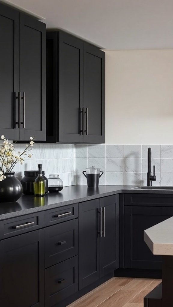 A modern kitchen featuring black matte cabinets, light countertops, and stylish decor.