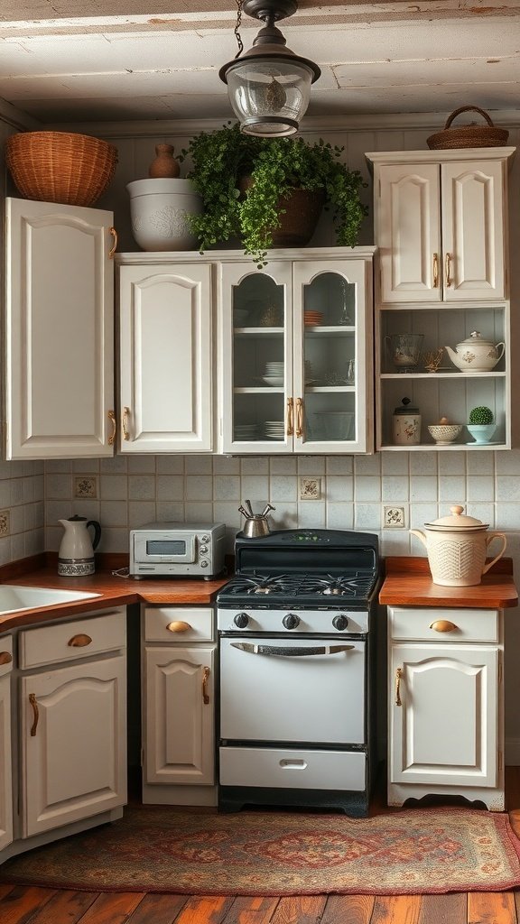 A cozy kitchen featuring white cabinets, wooden countertops, and vintage decor.