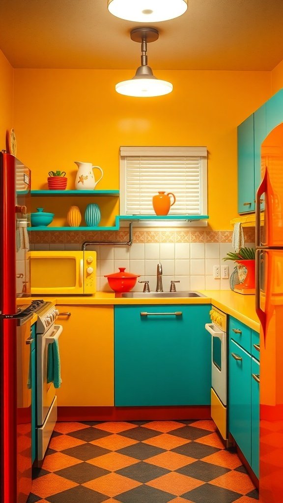 A mid-century modern kitchen featuring bright yellow walls, turquoise cabinets, and a red refrigerator, with a checkerboard floor.