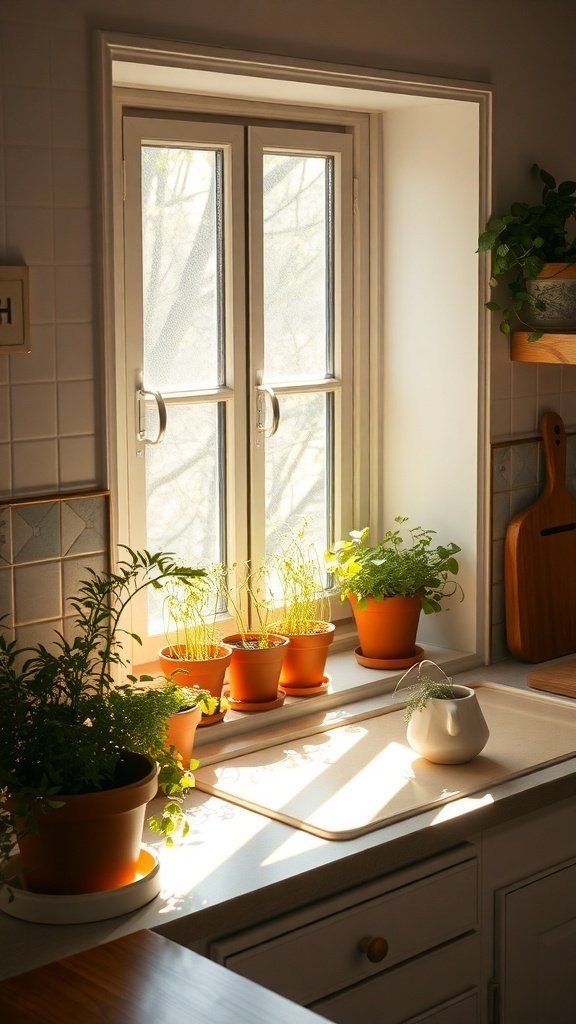 A cozy kitchen windowsill with various herbs in terracotta pots, illuminated by sunlight.