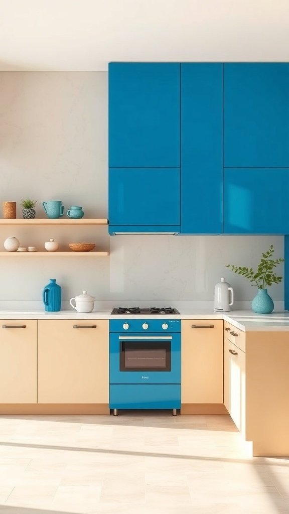 A modern kitchen featuring beige cabinets and bright blue accents.