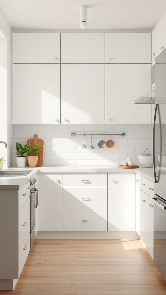 A bright kitchen with white cabinets, light wood flooring, and minimal decor.