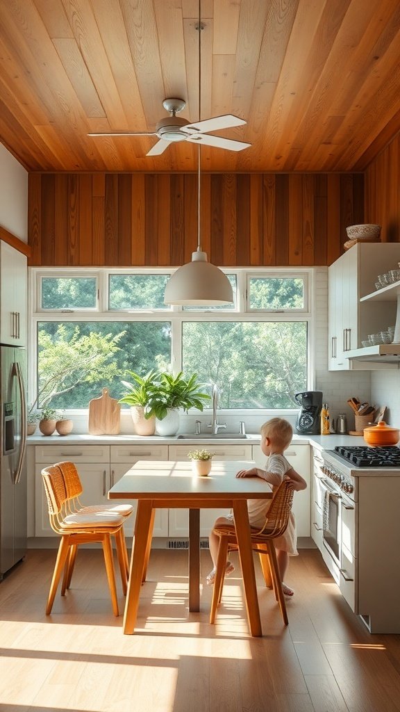 A bright mid-century modern kitchen with wooden accents, featuring a child sitting at a table and plants by the window.