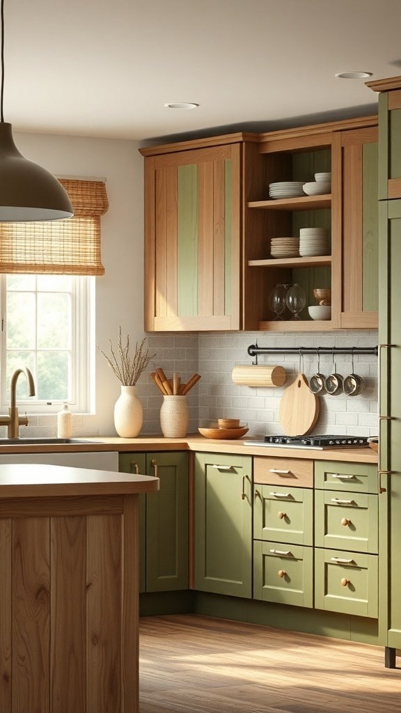 A cozy kitchen featuring green cabinets and natural wood accents, showcasing sustainable design.