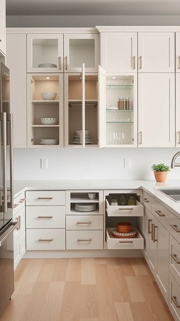 Modern kitchen with smart cabinet solutions featuring glass-front cabinets and pull-out drawers