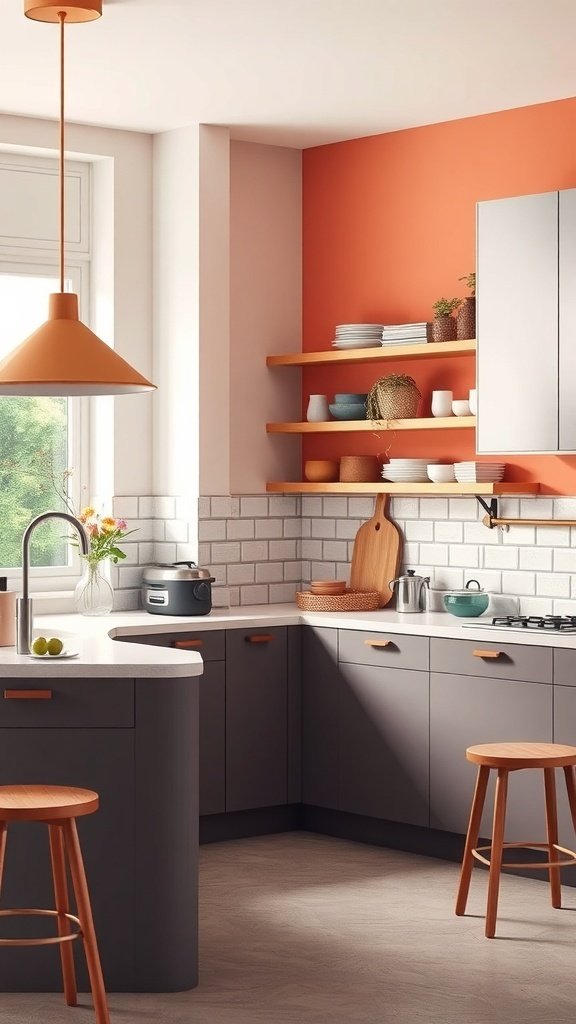 A modern kitchen featuring gray cabinetry, a coral accent wall, wooden stools, and open shelves with dishware.