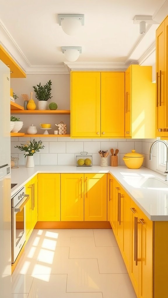 A bright kitchen with lemon-colored cabinets, white countertops, and natural light.