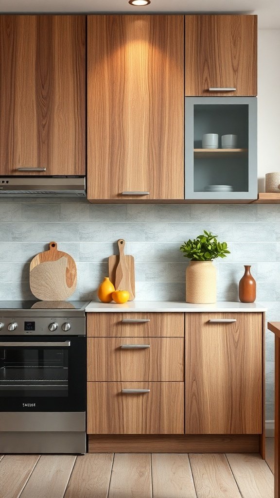 A modern kitchen featuring wooden cabinets with a glass door, showcasing a stylish and unique design.