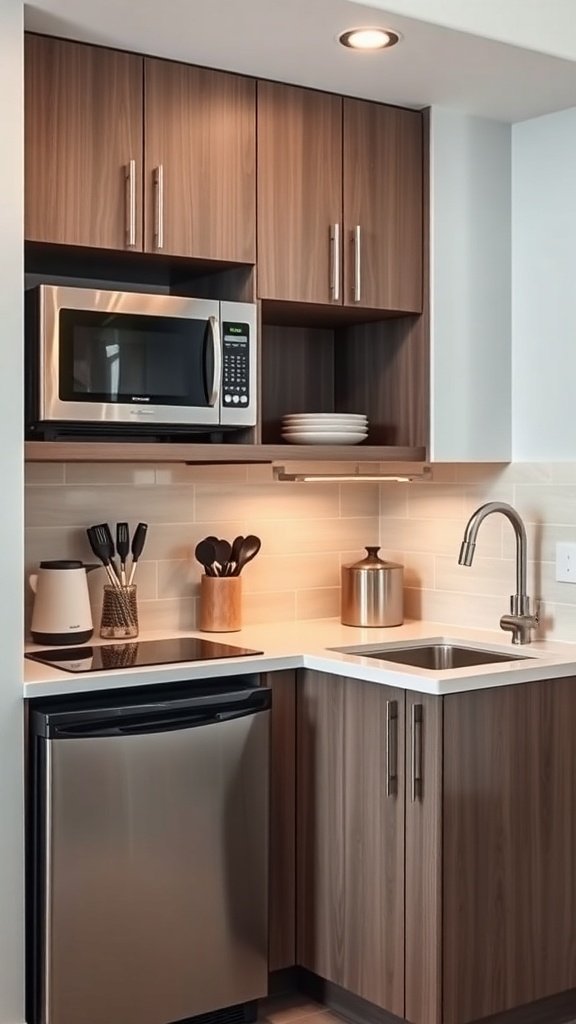 Compact kitchen with microwave, refrigerator, and sink in a small space