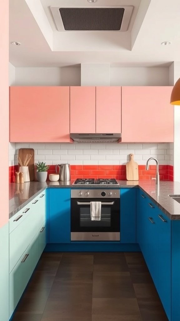 A modern kitchen featuring color-blocked cabinets in pink, blue, and a red backsplash.