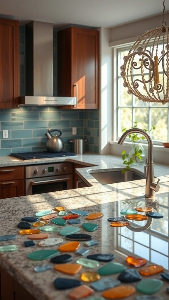 A kitchen with recycled glass countertops featuring colorful glass pieces.