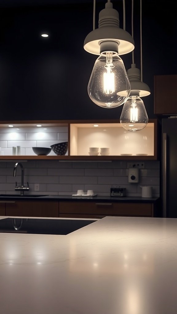 Stylish LED pendant lights hanging over a kitchen island