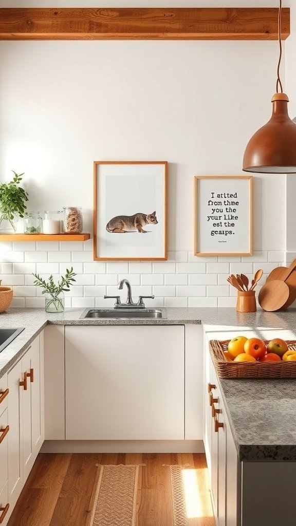 A cozy kitchen with two framed artworks on the wall, one featuring a cat and the other a playful quote.