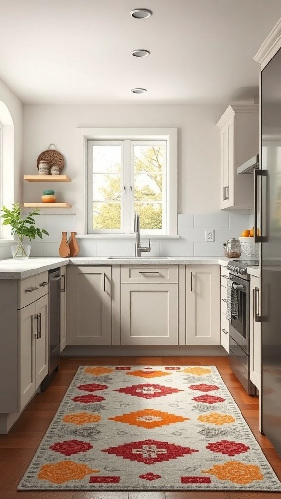A stylish kitchen featuring a colorful rug with red, orange, and yellow patterns.