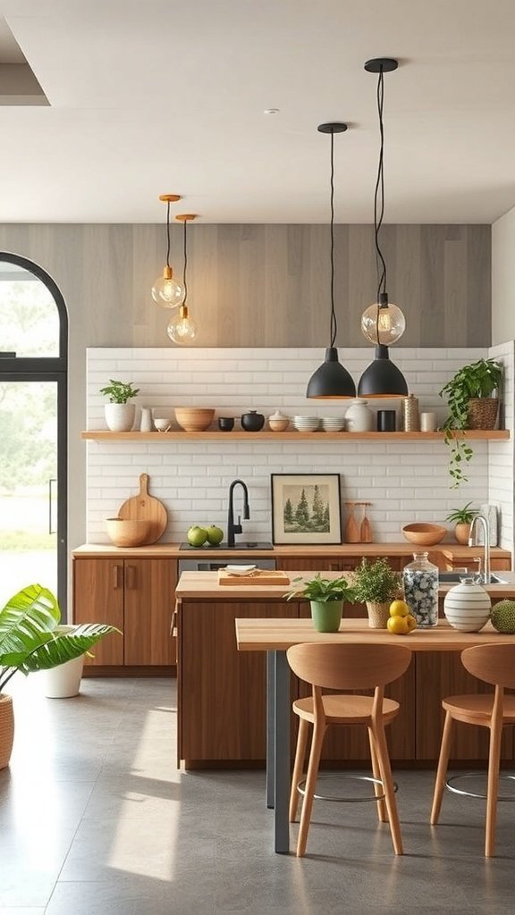 A modern open kitchen featuring wooden cabinets, pendant lights, and plants.