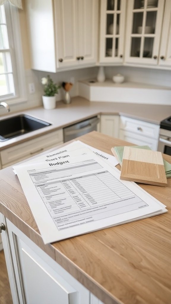 A kitchen countertop with a budget plan and samples for white oak cabinets.