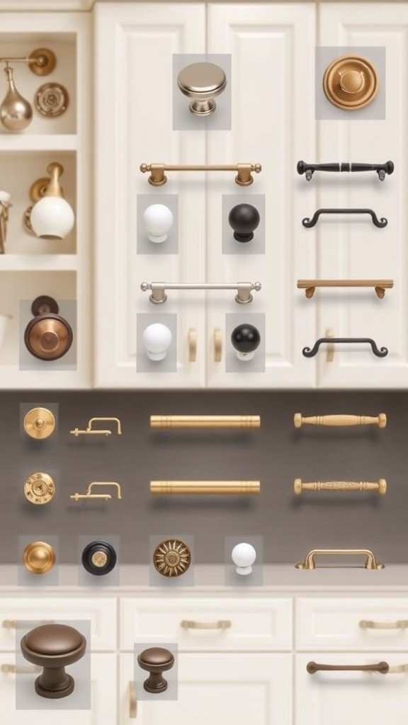 A variety of cabinet hardware including knobs and pulls in different styles and finishes.