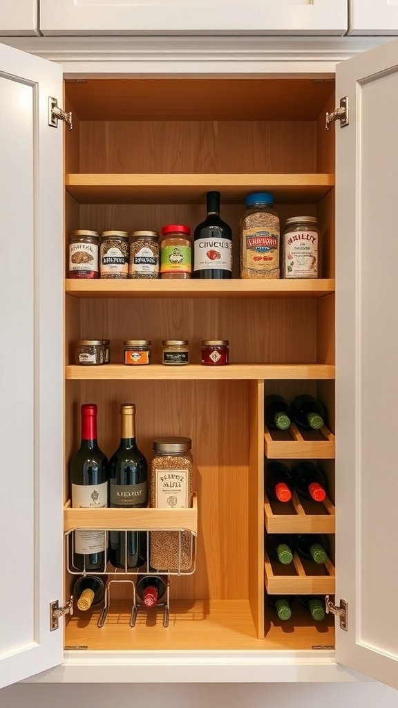 Interior view of a kitchen cabinet showing organized spices, sauces, and a wine rack.