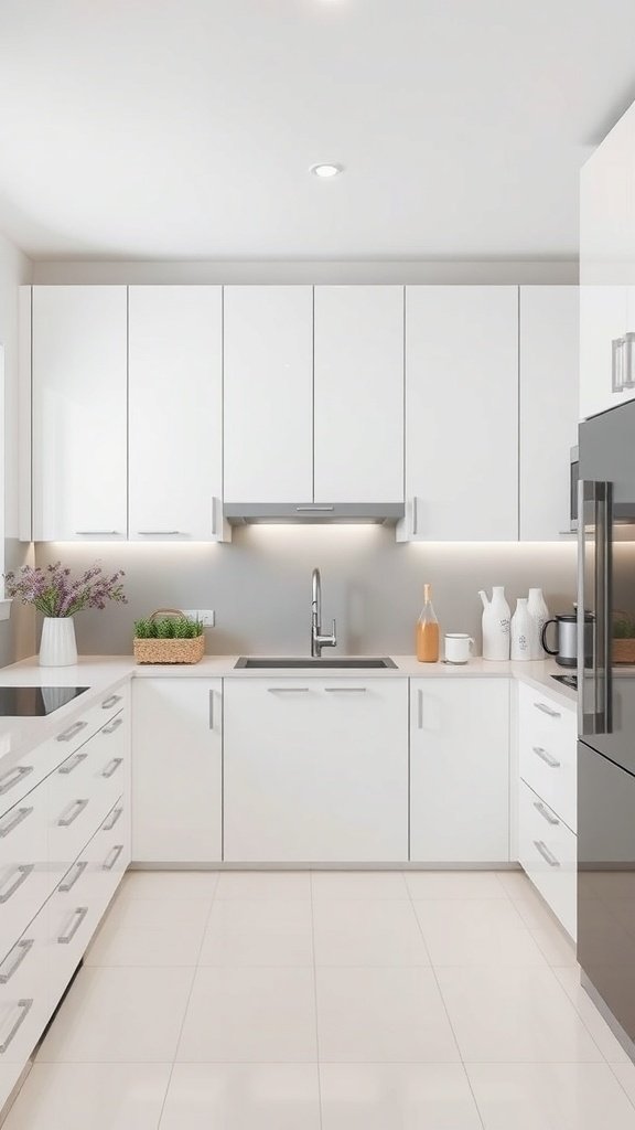 Modern kitchen with white cabinets, light countertops, and decorative plants