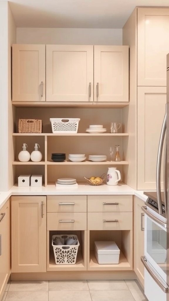 A modern beige kitchen with organized storage solutions including upper cabinets, open shelves, and lower drawers.