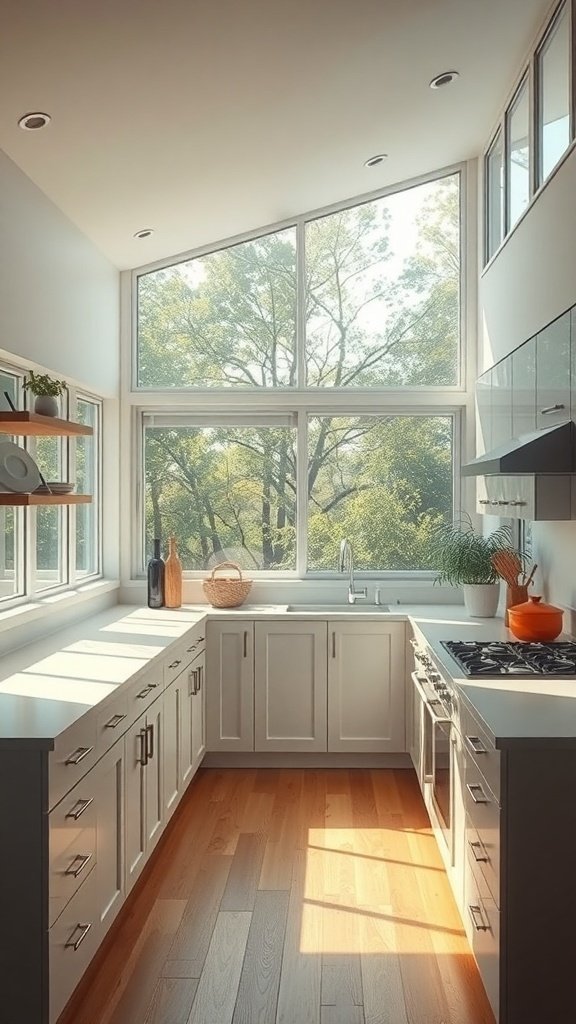 A bright mid-century modern kitchen with large windows allowing natural light to fill the space.