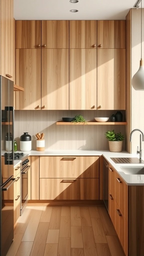 A modern kitchen featuring light wood cabinets, a white countertop, and plants for a sustainable design.