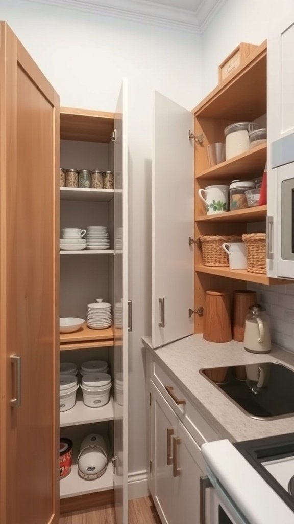 A small kitchen with cabinet doors open, showcasing organized shelves with dishes and jars.