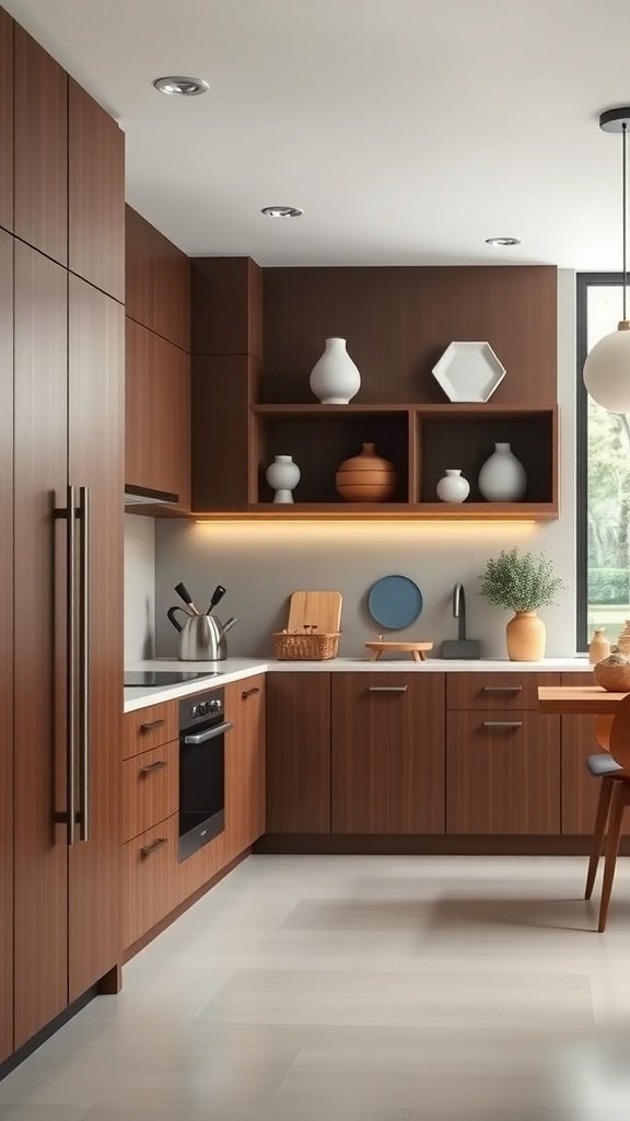 A mid-century modern kitchen featuring sleek wooden cabinetry, open shelving with decorative items, and stylish lighting.