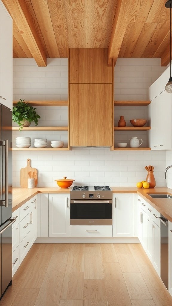 A modern kitchen featuring white cabinets and natural wood accents, with wooden shelves and beams.