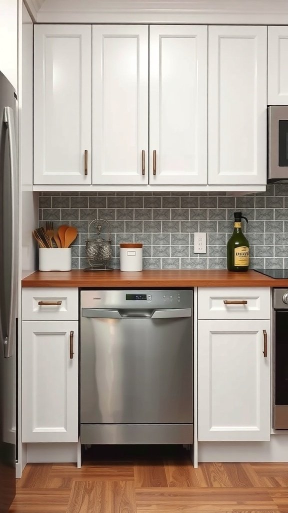 A small kitchen featuring a compact stainless steel dishwasher between white cabinets.