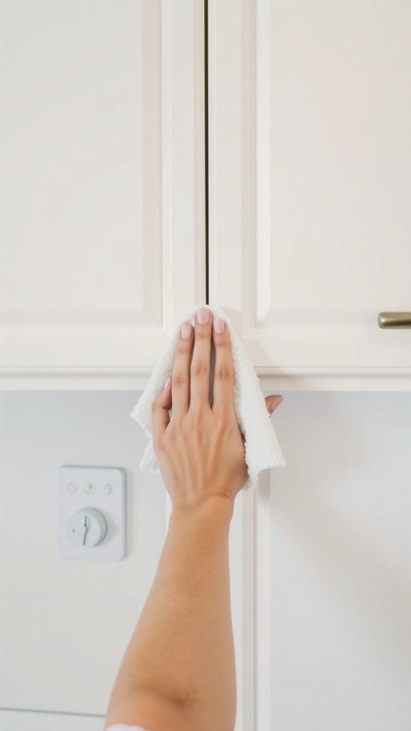 A hand cleaning a painted kitchen cabinet with a cloth.