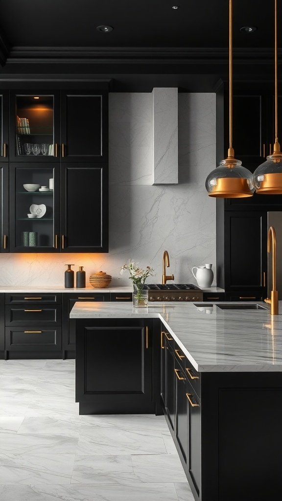 A modern kitchen featuring black cabinets, light marble countertops, and gold hardware.