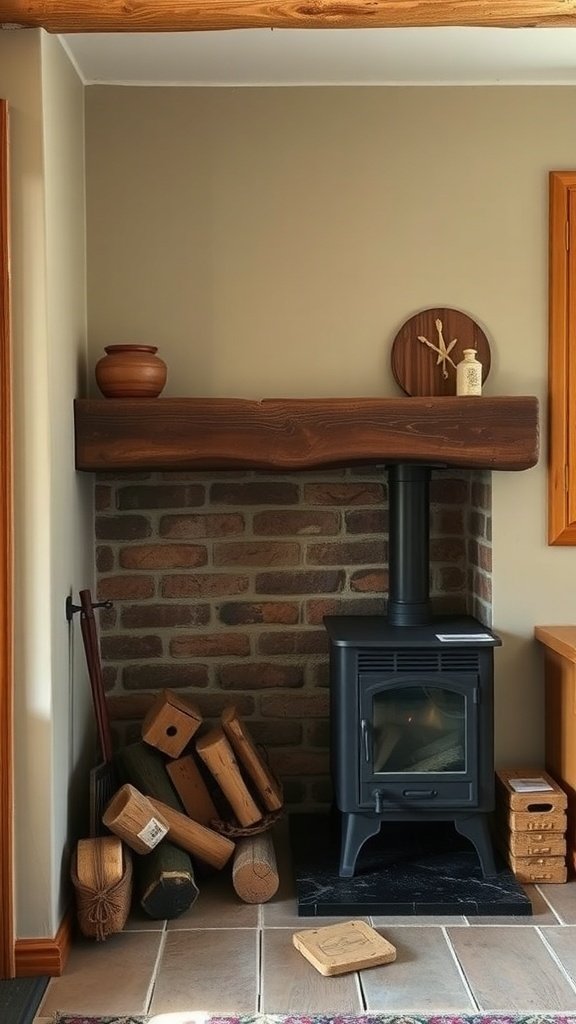 Cozy fireplace corner in a cottage kitchen with a black stove, stacked logs, and wooden mantel.